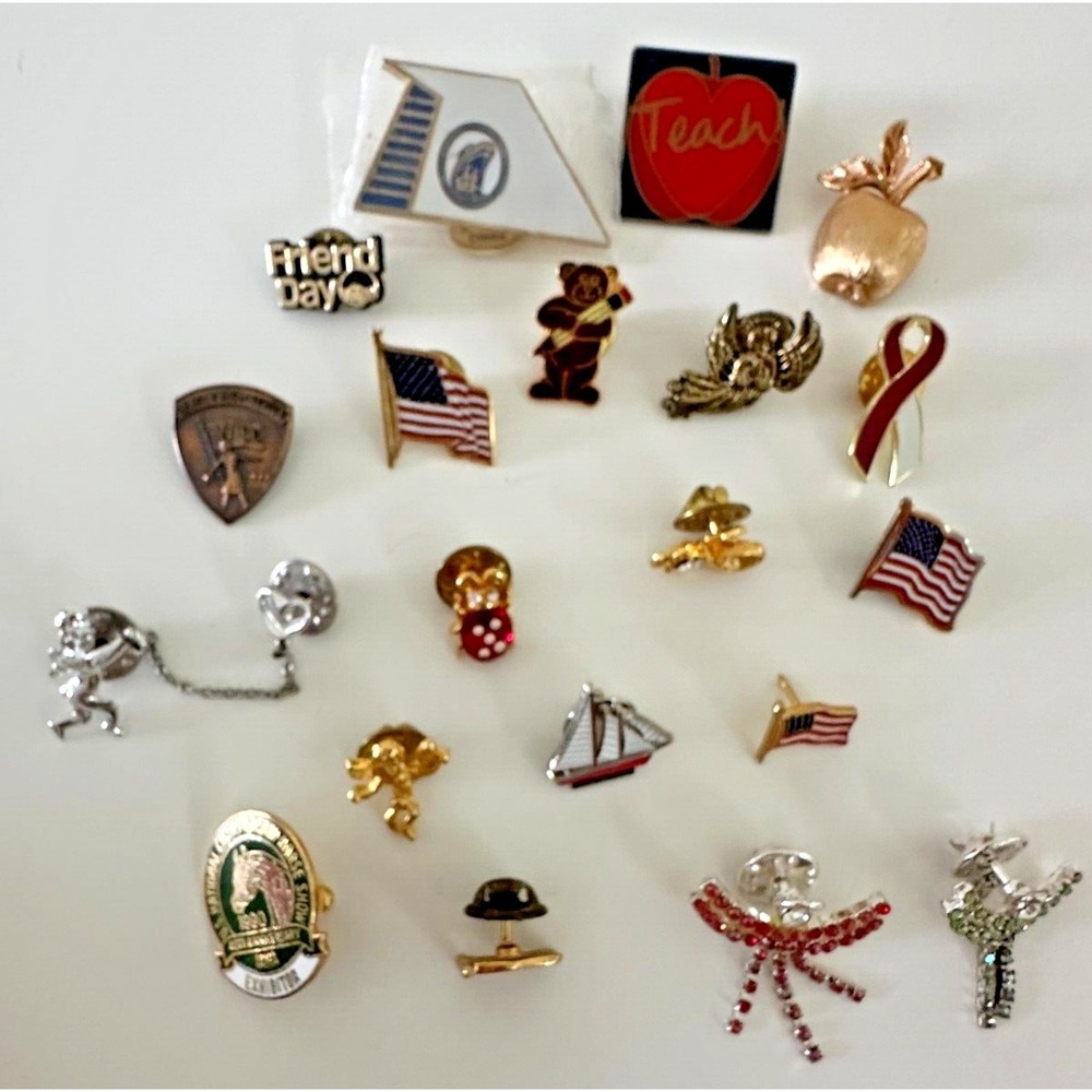 Pin Lot USA Flag Angel Horse ladybug Bear Sailboat Apple heart Set of 20 - Picture 2 of 8